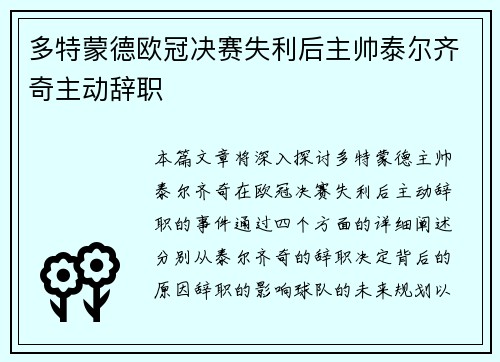多特蒙德欧冠决赛失利后主帅泰尔齐奇主动辞职